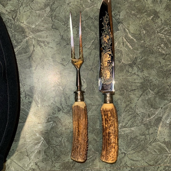 EMIL VOOS SOLINGEN GERMANY ROSTFREI CARVING SET KNIFE AND FORK.HORN ANTLER EUC - Picture 3 of 9